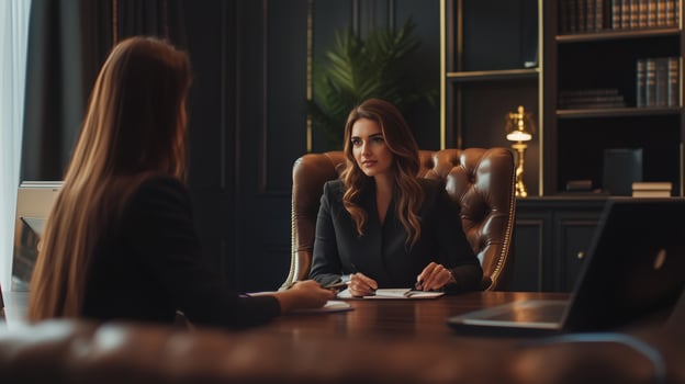 Business meeting in a modern office with two women discussing strategic plans during the afternoon photo