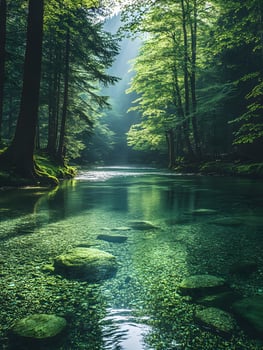 A bright and peaceful view of a lush forest with a crystal clear stream that reveals the rocks beneath. Sunlight filters through tall trees. No people. A natural scene suitable for ecotourism. photo