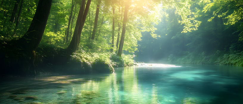 A bright and peaceful view of a lush forest with a crystal clear stream that reveals the rocks beneath. Sunlight filters through tall trees. No people. A natural scene suitable for ecotourism. photo