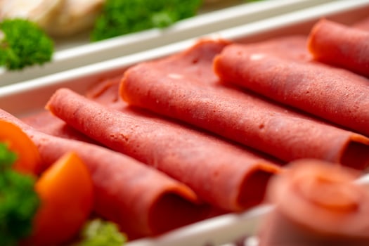 Platter of fresh meat cold cuts with vegetables. photo