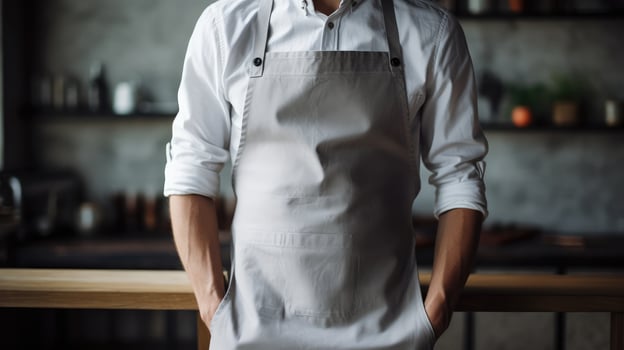 Man wearing beige linen apron mock up in the modern kitchen, chef uniform for cooking photo