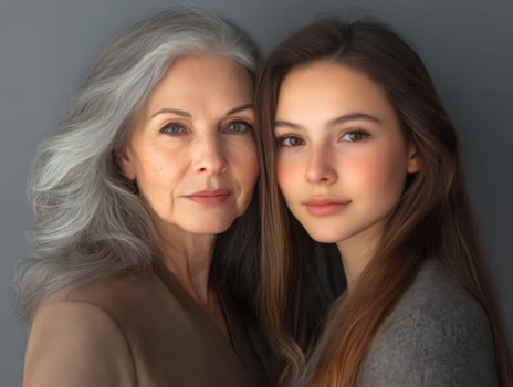 Portrait of a mature woman and a younger woman, both looking confident and beautiful, with their age difference highlighted subtly photo