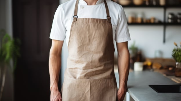 Man wearing beige linen apron mock up in the modern kitchen, chef uniform for cooking photo