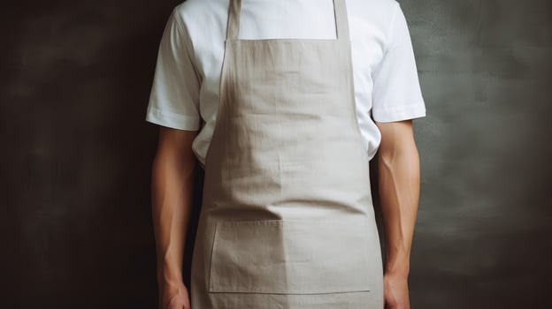 Man wearing beige linen apron mock up in the modern kitchen, chef uniform for cooking photo