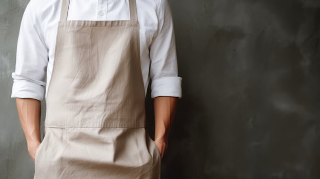 Man wearing beige linen apron mock up in the modern kitchen, chef uniform for cooking photo