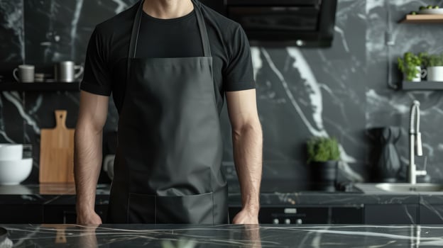 Man wearing black apron mock up in the modern kitchen, chef uniform for cooking photo