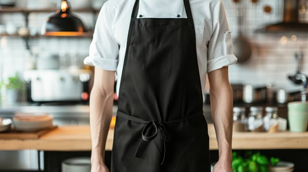 Man wearing black apron mock up in the modern kitchen, chef uniform for cooking photo