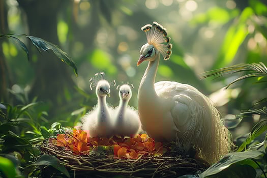Tow White Peacock Bird playing with family in beautiful background photo
