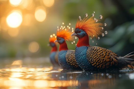 Silver Pheasant Bird group is swearing water in the beautiful background photo