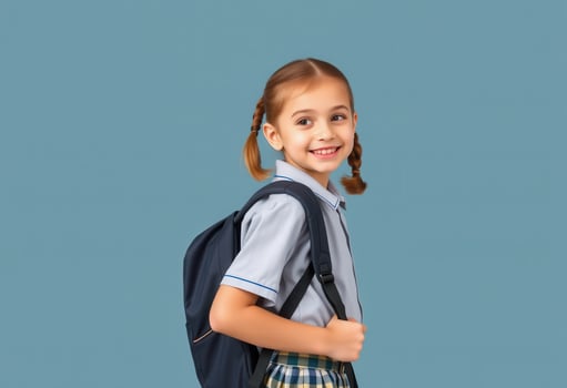 Smiling school girl with backpack looking over shoulder photo