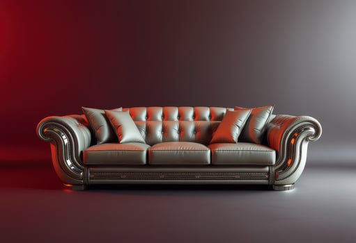 Elegant Silver Leather Sofa with Pillows Against a Red and Grey Background photo