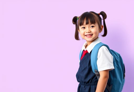 Smiling Schoolgirl with Blue Backpack on a Lavender Background photo