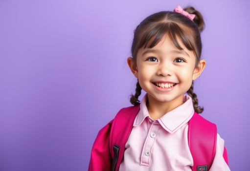 Portrait of a Smiling Young Girl with Pink Backpack photo