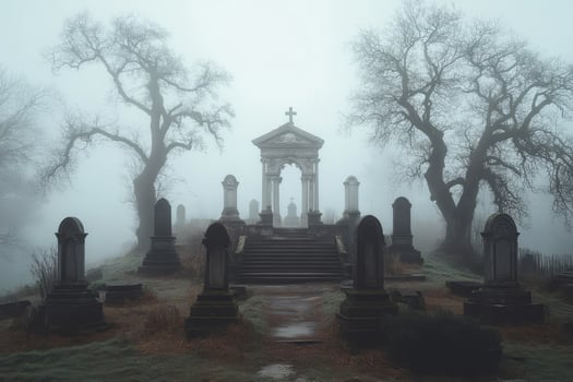 Foggy cemetery with weathered tombstones. Mysterious atmosphere photo