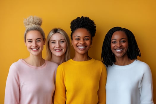 Diverse group of women standing close and smiling brightly. Unity and friendship photo