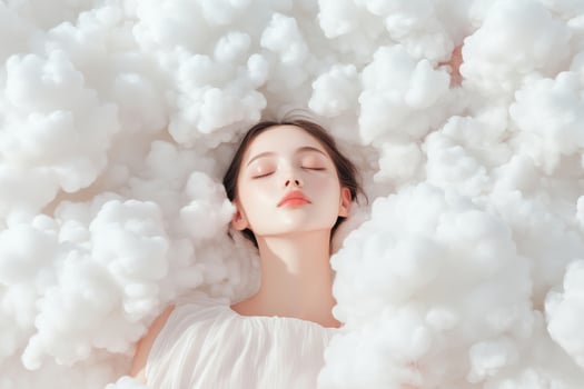 Woman lies among fluffy white clouds. Calm dreamy emotions photo