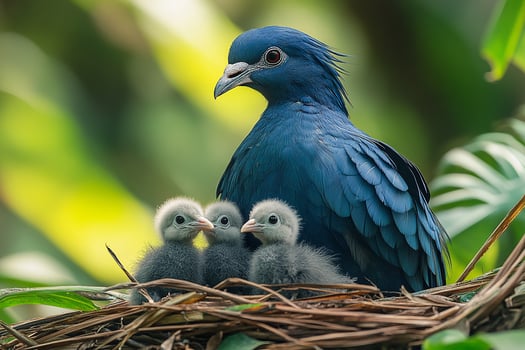 Nicobar Pigeon Bird playing with family in beautiful background photo