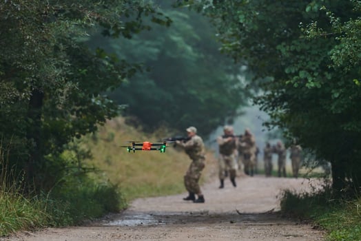 Elite military unit parading and securing the forest, utilizing drones for terrain scanning and reconnaissance, showcasing their advanced skills and specialized training in high risk operations photo