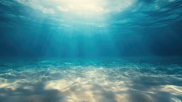 Sunlight shining through the surface of a clear ocean onto a sandy bottom photo