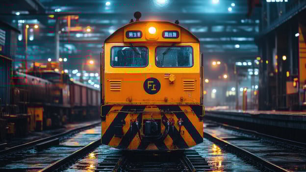 Yellow train engine standing on wet rails at night in train station photo