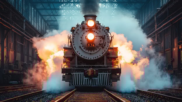 Powerful steam engine pulling away from station with bright headlight photo