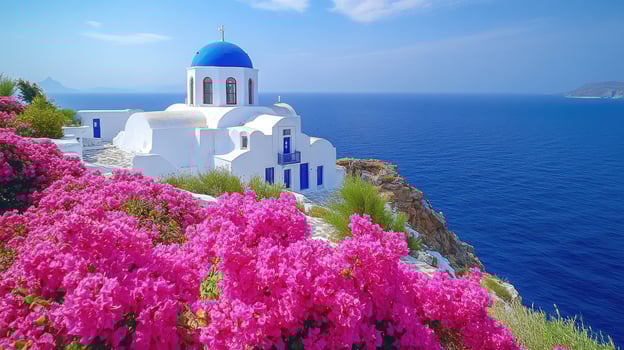 White church on santorini island overlooking aegean sea with pink flowers photo