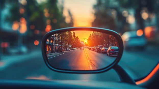 Car driving on busy city street during golden hour sunset photo