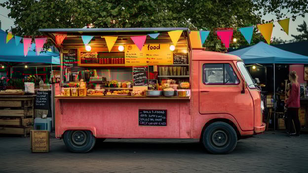 Pink food truck selling street food at an outdoor summer market photo