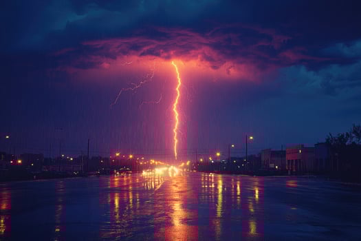 Lightning strike illuminating highway at night during storm photo