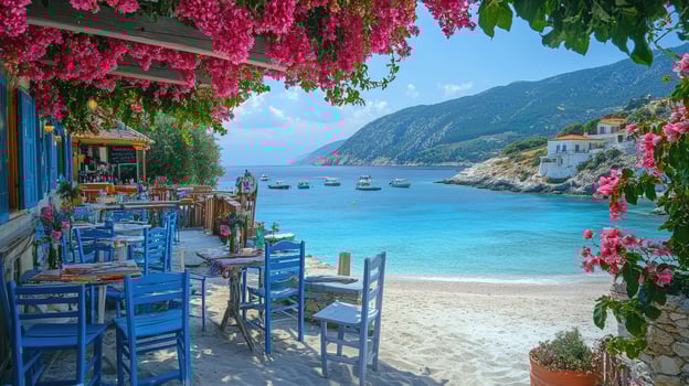 Turquoise sea water and boats on a sunny day at a greek beach with a cozy restaurant photo