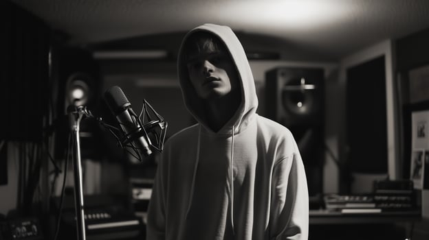 Young artist in a stylish hoodie stands before a microphone in a dimly lit recording studio during a creative session photo