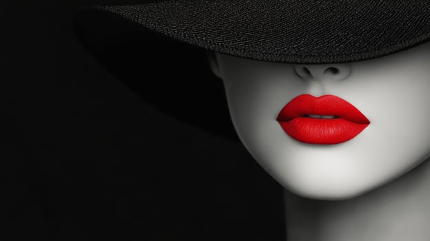 A striking portrait of a woman with red lips and a wide-brimmed black hat in dramatic lighting photo