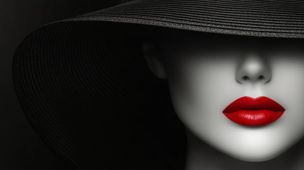 A striking portrait of a woman with red lips and a wide-brimmed black hat in dramatic lighting photo