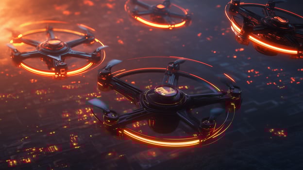 Drones with glowing lights flying over an urban landscape during dusk, showcasing technology and innovation in aerial surveillance photo