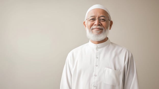 Portrait of a MiddleAged Sunni Muslim Cleric in Traditional White Attire for Cultural Diversity and Religious Respect photo