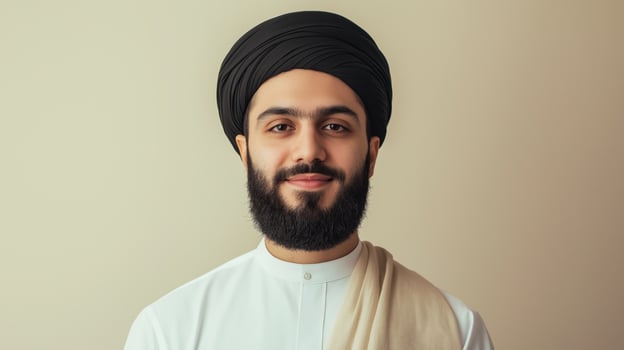 Young Iranian Shiite Muslim Cleric in Traditional Attire Against Neutral Background for Cultural Diversity Stock Photography photo