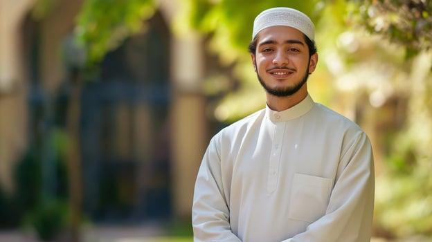 Young Sunni Muslim Cleric Smiling Confidently Outdoors, Traditional Clothing in Bright Natural Setting, Suitable for Cultural, Religious, and Educational Content photo