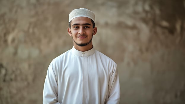 Young Sunni Muslim Cleric Smiling Confidently in Traditional White Attire Against Rustic Background photo
