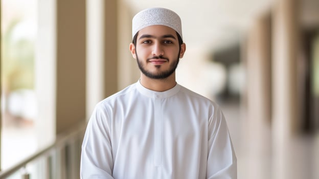Young Muslim Cleric in Traditional White Thobe and Cap in Bright Neutral Setting photo