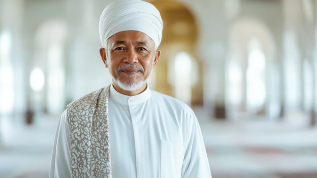 Confident MiddleAged Indonesian Sunni Muslim Cleric in Traditional Attire Standing in Mosque Interior photo
