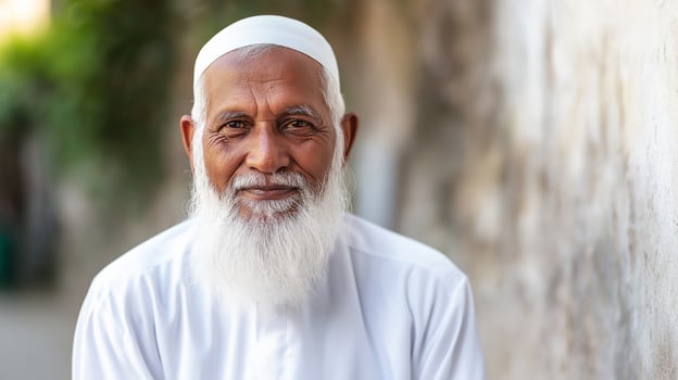 Elderly Bangladeshi Cleric with White Beard Wearing Traditional Attire, Peaceful Outdoor Setting for Interfaith Dialogue or Cultural Projects photo