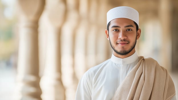 Young Indonesian Sunni Muslim Cleric in Traditional Dress Amidst Historic Architecture photo