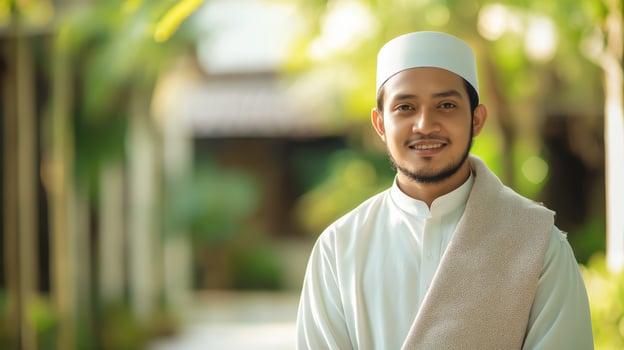 Portrait of a Young Indonesian Muslim Cleric Outdoors, Natural Light, Traditional Attire, Islamic Culture, Religious Setting photo