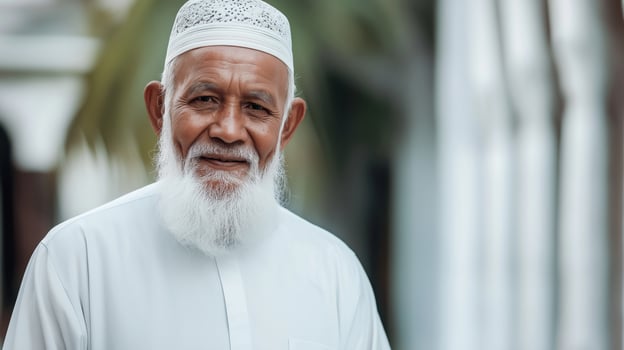 Elderly Sunni Muslim Cleric in Traditional White Attire Smiling Outdoors, Perfect for Cultural Diversity and Religious Concept photo