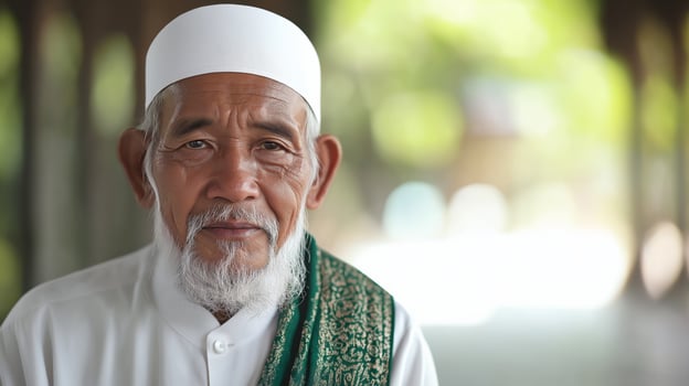 Elderly Indonesian Cleric in Traditional Attire with Serene Expression, Southeast Asian Culture, Portrait for Religious Publications photo