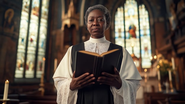 Middle Aged Nigerian Anglican Female Priest in Church Holding Bible for Religious Study and Worship Services photo