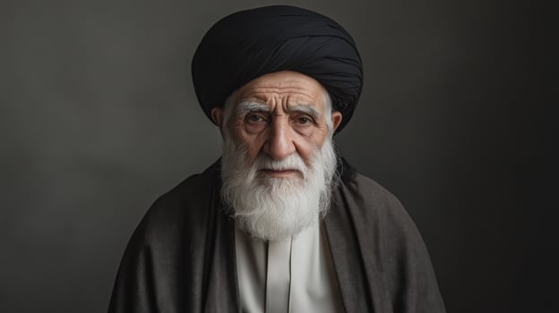 Elderly Shiite Muslim Cleric from Iran Posing in Traditional Black Turban and Attire Against Dark Background photo