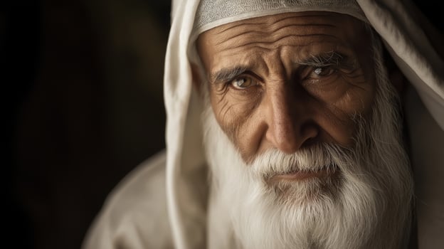 Elderly Muslim Cleric in Traditional Attire, Gazing Softly for Introspective Portrait photo