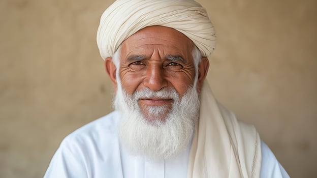 Elderly Bearded Man with Traditional Turban Smiling, Cultural Portrait for Ethnic Diversity Representation photo