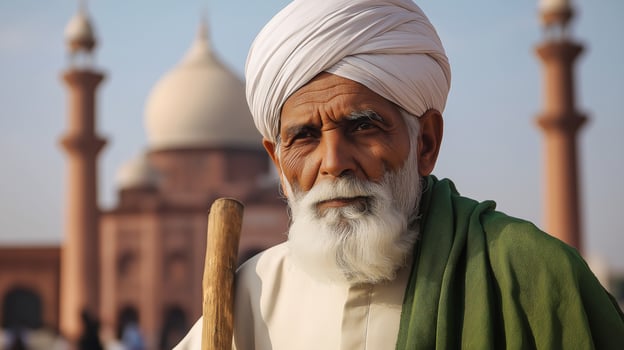 Elderly Pakistani Muslim Cleric with Turban Near Historical Mosque for Cultural, Religious Poster Design photo